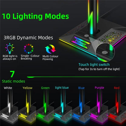 EB01-B RGB Gaming Headset Stand with 2 USB Ports, Memory Function Headphone Holder with 10 Light Modes