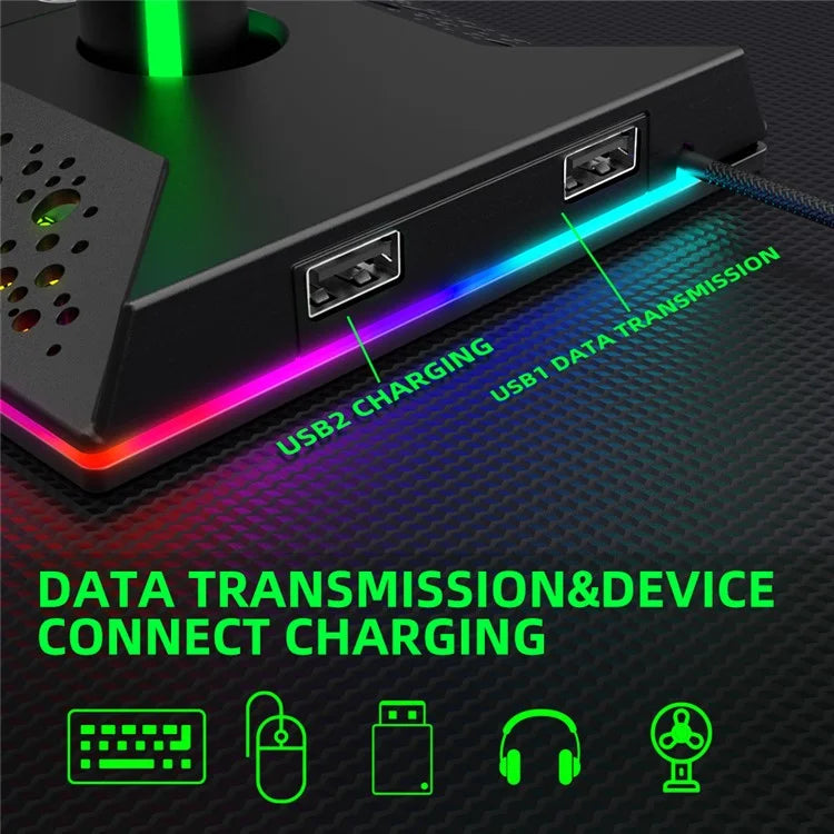 EB01-B RGB Gaming Headset Stand with 2 USB Ports, Memory Function Headphone Holder with 10 Light Modes