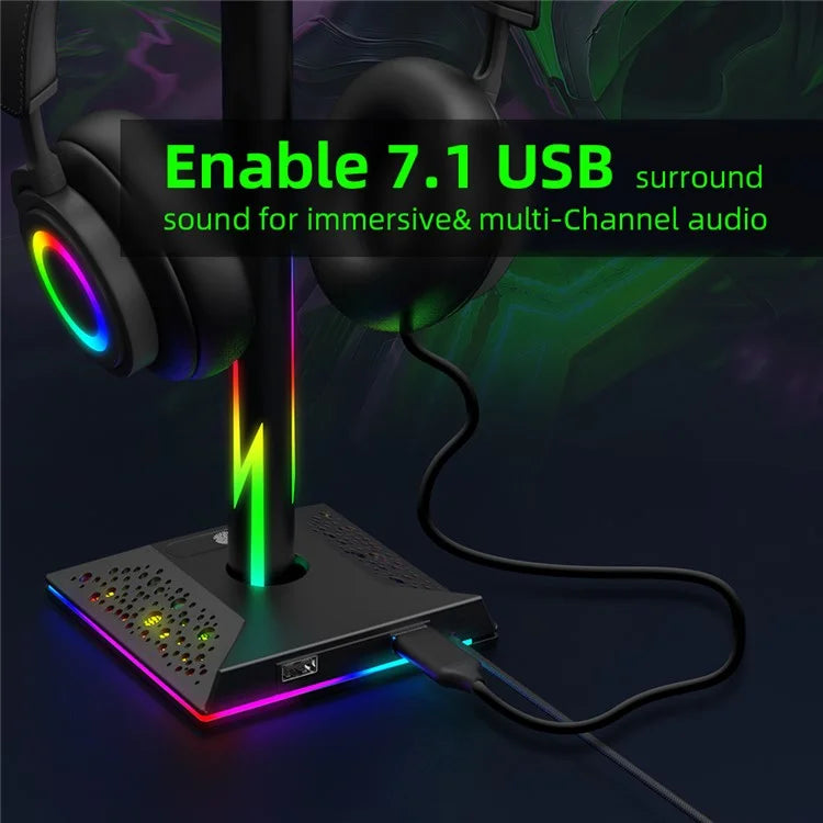 EB01-B RGB Gaming Headset Stand with 2 USB Ports, Memory Function Headphone Holder with 10 Light Modes