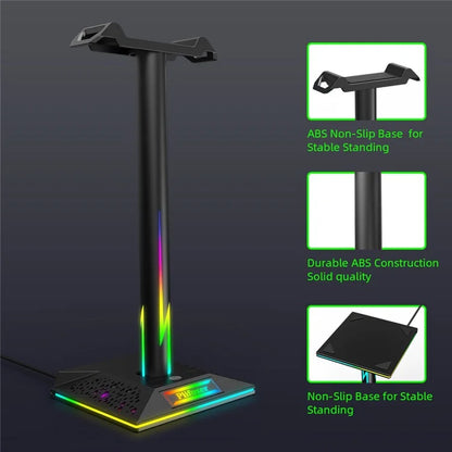 EB01-B RGB Gaming Headset Stand with 2 USB Ports, Memory Function Headphone Holder with 10 Light Modes