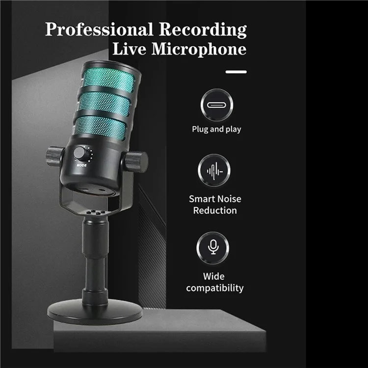 PDO Noise Reduction Microphone with RGB Light for Live Streaming / Gaming / Karaoke Desktop Mic