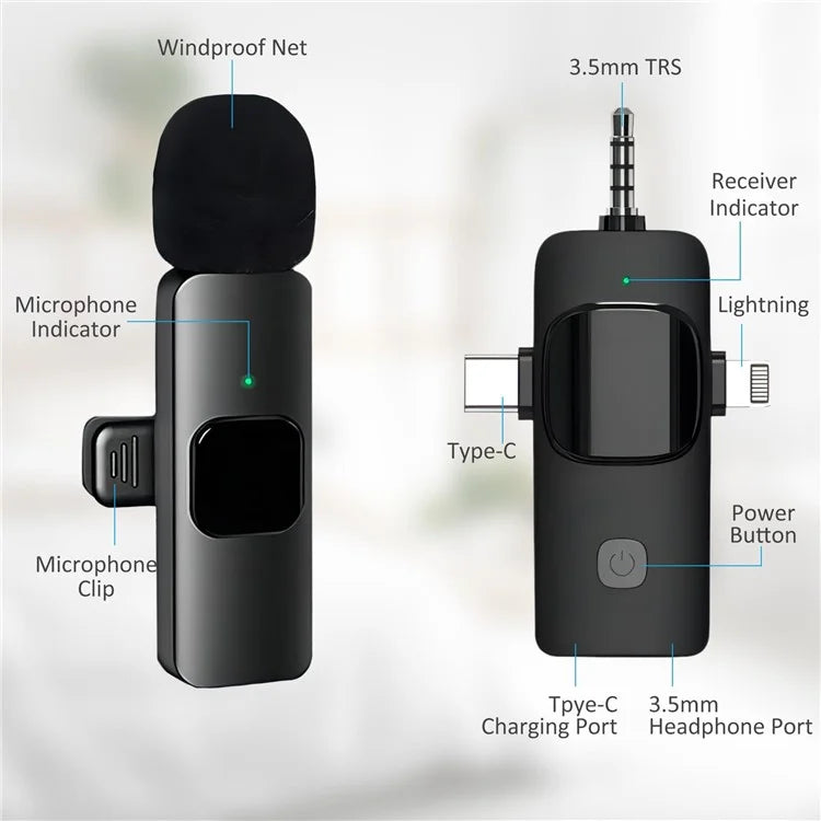 K15 2 in 1 Wireless Lavalier Microphone with Noise Reduction USB-C Microphone for Smartphone Computer Camera