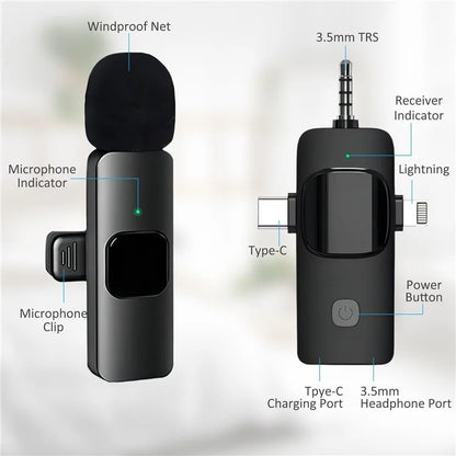 K15 2 in 1 Wireless Lavalier Microphone with Noise Reduction USB-C Microphone for Smartphone Computer Camera