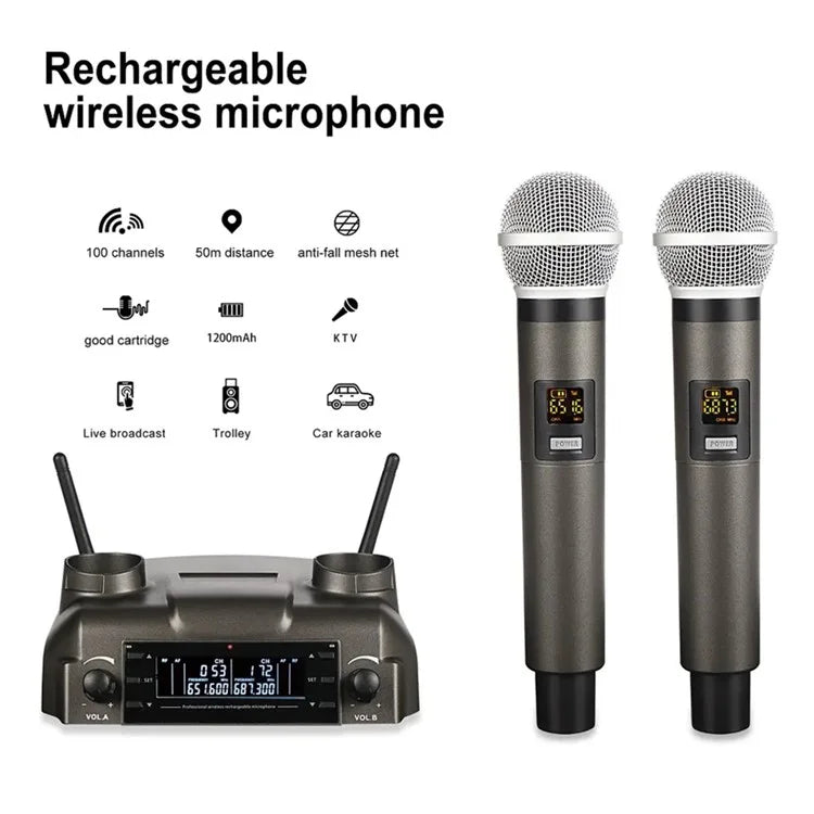 CD-02 Dual UHF Microphone System Handheld Dynamic Mic Support Magnetic Induction Charging