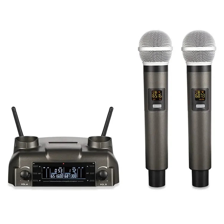 CD-02 Dual UHF Microphone System Handheld Dynamic Mic Support Magnetic Induction Charging