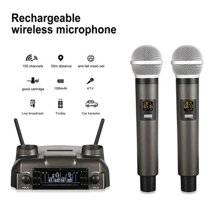 CD-02 Dual UHF Microphone System Handheld Dynamic Mic Support Magnetic Induction Charging