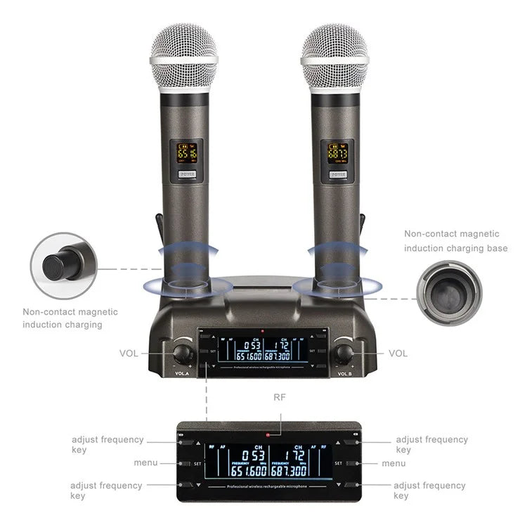 CD-02 Dual UHF Microphone System Handheld Dynamic Mic Support Magnetic Induction Charging