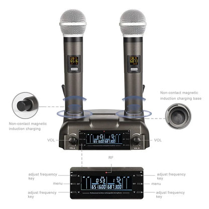 CD-02 Dual UHF Microphone System Handheld Dynamic Mic Support Magnetic Induction Charging