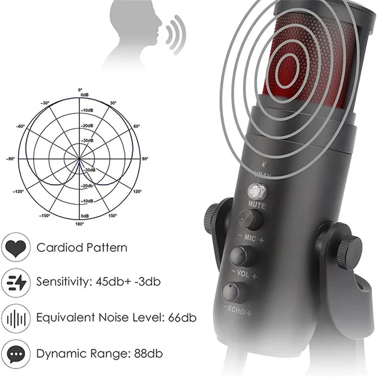 JMARY MC-PW9 Microphone USB Cable Mic Plug and Play RGB Light Voice Recording Tool