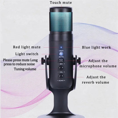 JMARY MC-PW9 Microphone USB Cable Mic Plug and Play RGB Light Voice Recording Tool