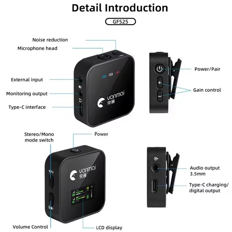 YANMAI GF525 Noise Reduction Wireless Lavalier Bluetooth Microphone (2 Transmitters+1 Receiver)