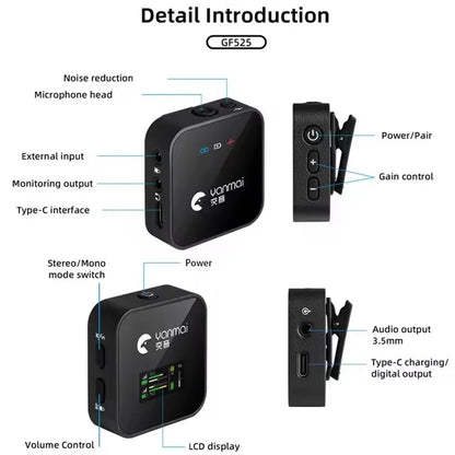 YANMAI GF525 Noise Reduction Wireless Lavalier Bluetooth Microphone (2 Transmitters+1 Receiver)