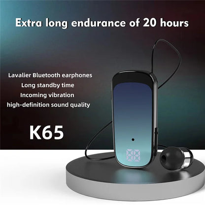 K65 Incoming Call Vibration Digital Display Retractable Lavalier Bluetooth Earphones