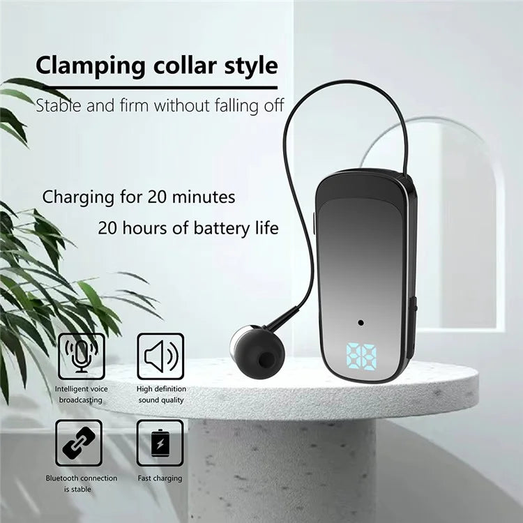 K65 Incoming Call Vibration Digital Display Retractable Lavalier Bluetooth Earphones