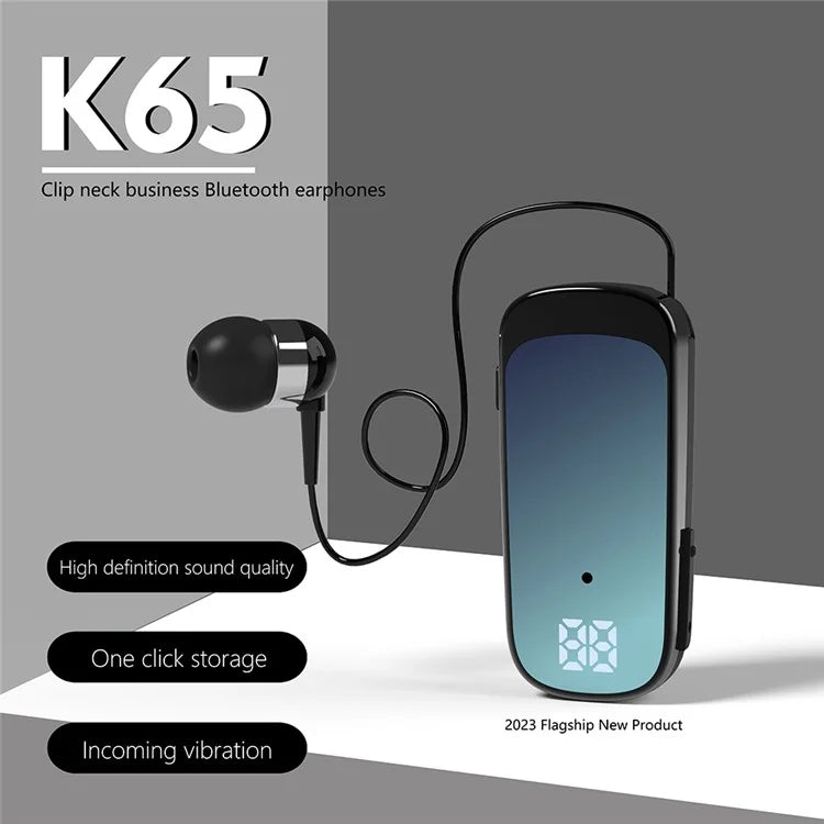K65 Incoming Call Vibration Digital Display Retractable Lavalier Bluetooth Earphones