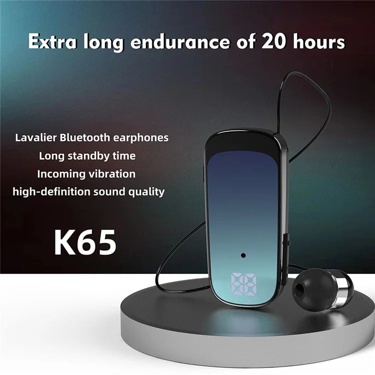K65 Incoming Call Vibration Digital Display Retractable Lavalier Bluetooth Earphones
