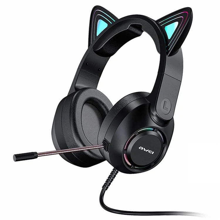 AWEI GM-9 Cat Ear USB Wired Gaming Headphone Cool Light Over-Ear Headset with Microphone - Black