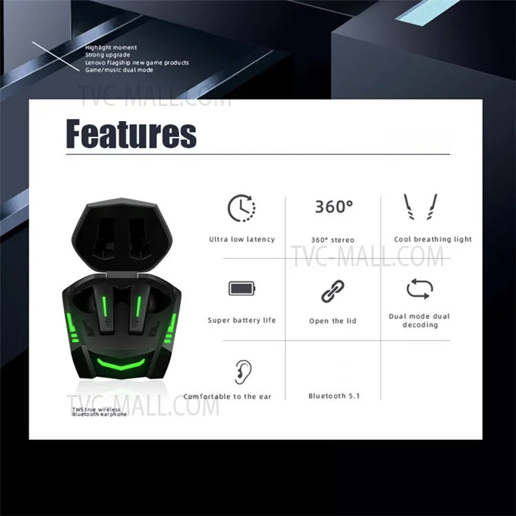 LENOVO XT80 Wireless Bluetooth Gaming Headset Lightweight TWS Earbuds Headphones