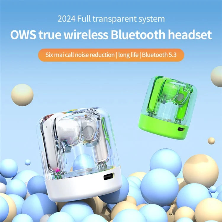 TM70 TWS Bluetooth Earphone Dynamic Lighting HiFi Stereo Earbuds with Transparent Charging Case