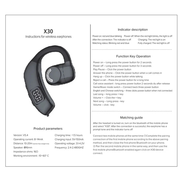 X30 Bluetooth 5.4 Single Ear Business Headphone Wireless Hook Earphone