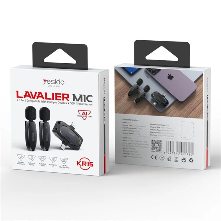 YESIDO KR15 Low Latency Wireless Lavalier Microphone iP / Type-C / 3.5mm Receiver + 2 Transmitter Mic Set