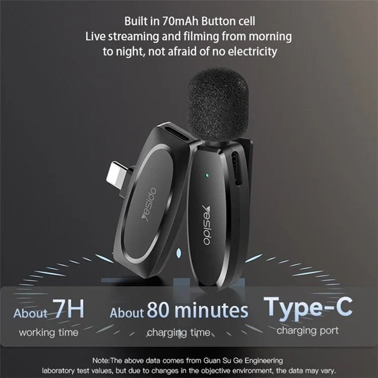 YESIDO KR14 iOS Plug Mini Recording Mic for iPhone Wireless Lavalier Microphone  (2 Transmitters + 1 Receiver)