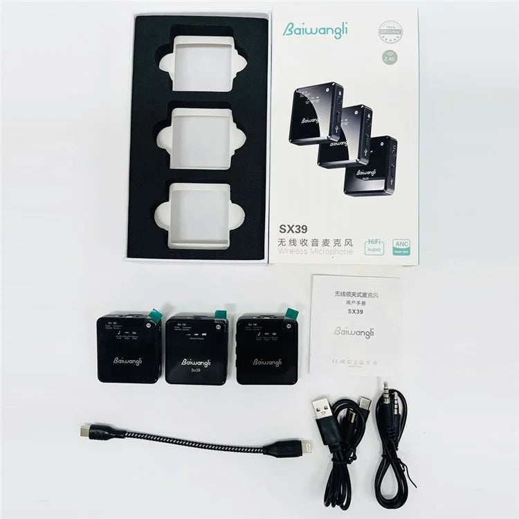 BAIWANGLI SX39 Lavalier Mic for iPhone Live Broadcast Noise Reduction Wireless Microphone, 2 Transmitter + 1 Receiver