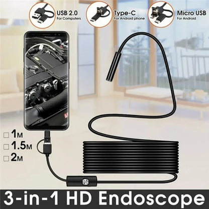 2m Wire Type-C+USB+Micro USB Endoscope Industrial Borescope Waterproof Inspection 7mm Snake Camera- Flexible Wire