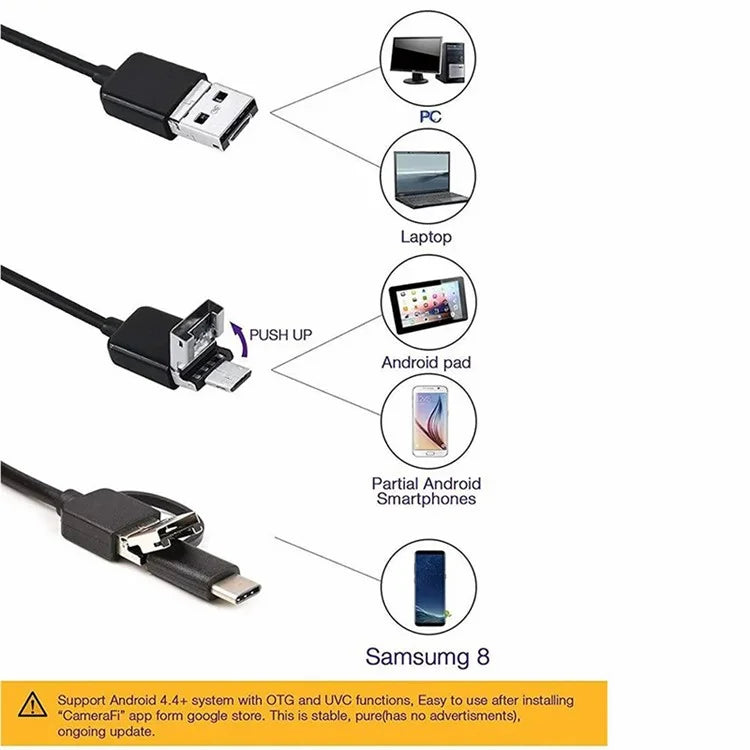 2m Wire Type-C+USB+Micro USB Endoscope Industrial Borescope Waterproof Inspection 7mm Snake Camera- Flexible Wire