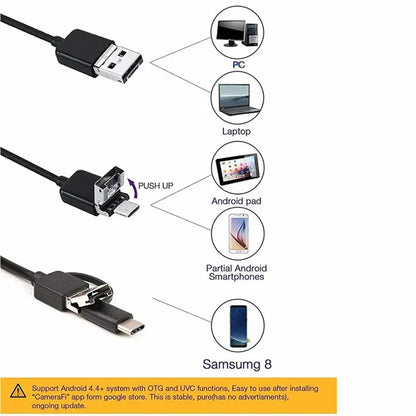 2m Wire Type-C+USB+Micro USB Endoscope Industrial Borescope Waterproof Inspection 7mm Snake Camera- Flexible Wire