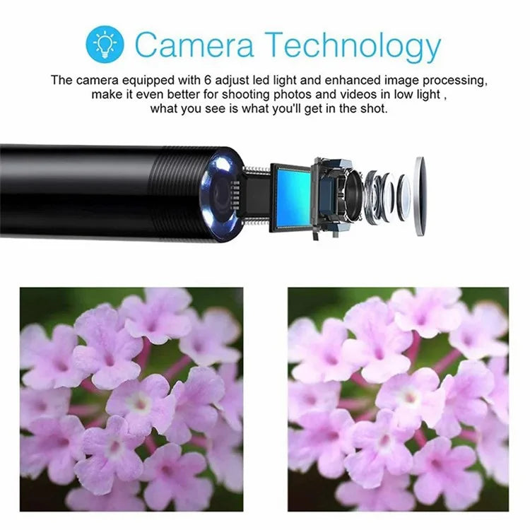 2m Wire Type-C+USB+Micro USB Endoscope Industrial Borescope Waterproof Inspection 7mm Snake Camera- Flexible Wire
