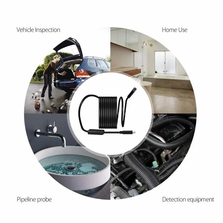 2m Wire Type-C+USB+Micro USB Endoscope Industrial Borescope Waterproof Inspection 7mm Snake Camera- Flexible Wire