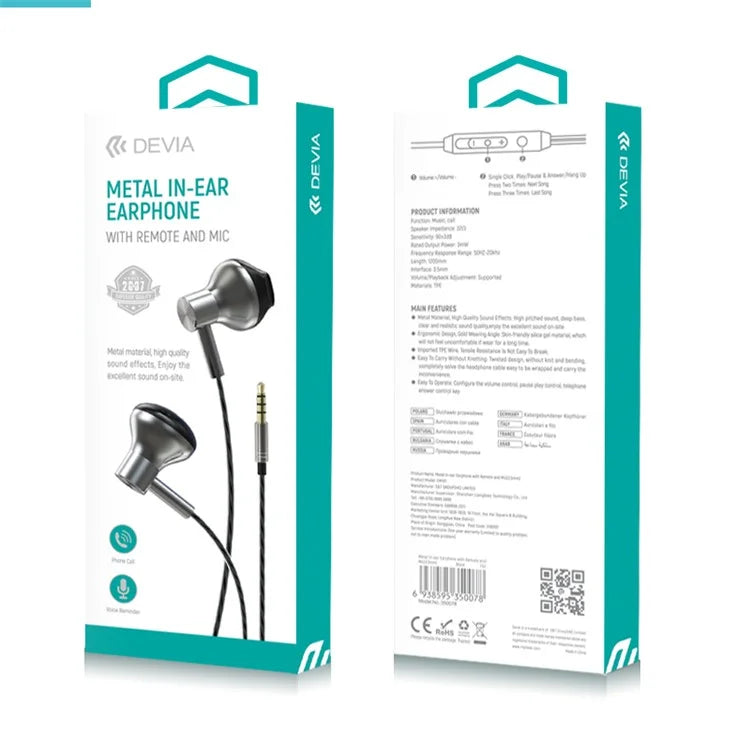DEVIA EM101 Metal Semi-in-ear Earphone 3.5mm Wire Control Music Earphone with Mic