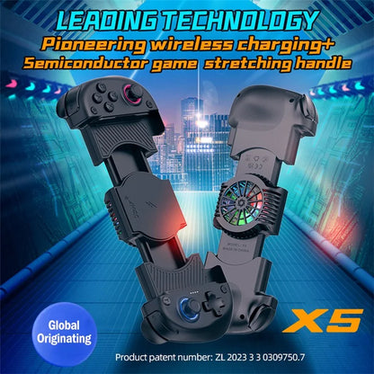 X5 3-in-1 Stretchable Game Controller with Cooling Fan, Wireless Charger for iOS / Android System
