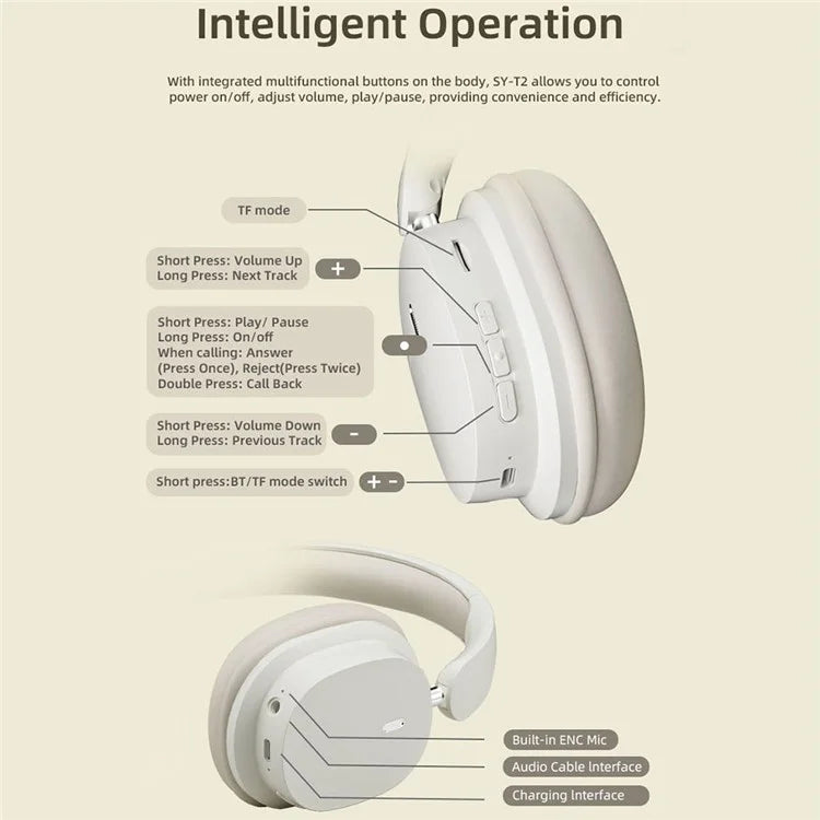 SY-T2 Wireless Over-Ear Bluetooth Headphones Foldable Noise Cancelling Headset with Built-in Microphone
