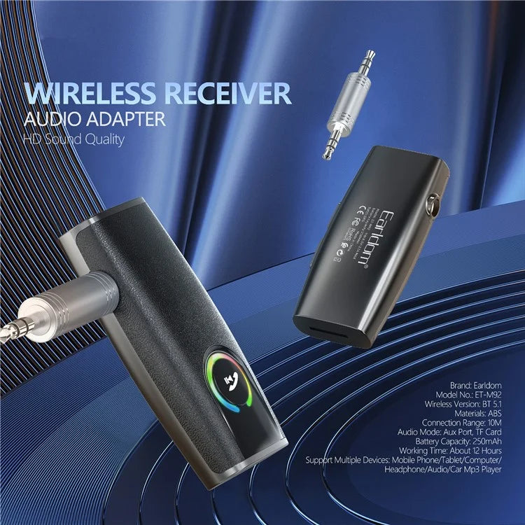 EARLDOM ET-M92 Bluetooth 5.3 Car Audio Adapter Hand-Free Call 3.5mm AUX Receiver