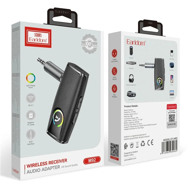 EARLDOM ET-M92 Bluetooth 5.3 Car Audio Adapter Hand-Free Call 3.5mm AUX Receiver