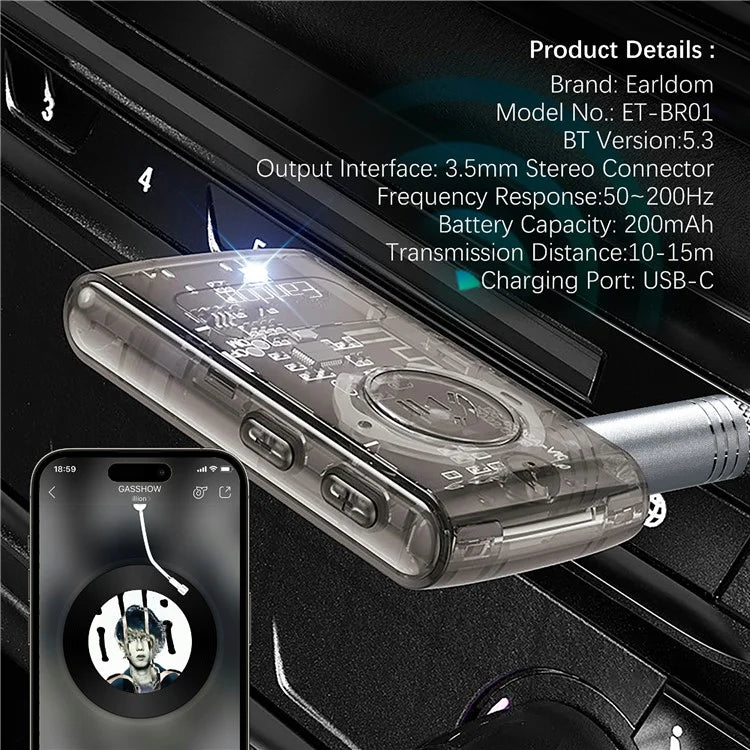 EARLDOM ET-BR01 Transparent Bluetooth 5.3 Audio Receiver Car Hand-Free Call 3.5mm AUX Adapter