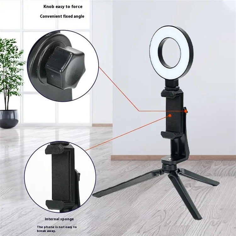 48-LED Ring Light USB Plug Fill Light with Phone Clip + Desktop Tripod for Live Broadcast