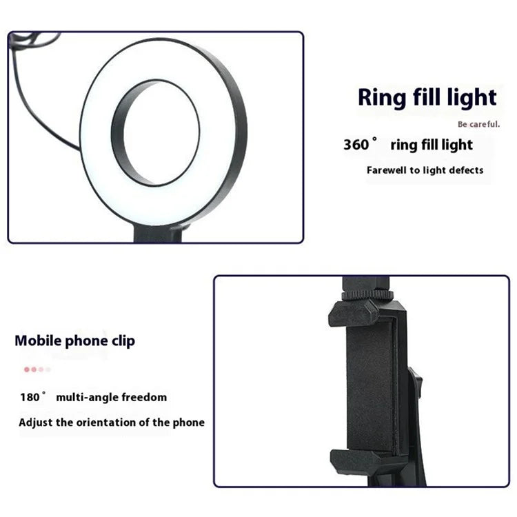 48-LED Ring Light USB Plug Fill Light with Phone Clip + Desktop Tripod for Live Broadcast