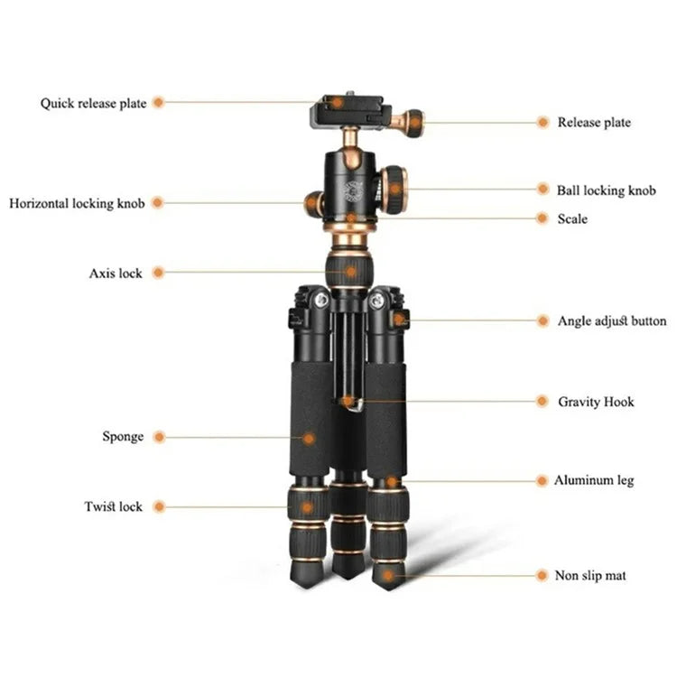 QZSD Q166 21-55cm Adjustable Height CNC Aluminum Alloy Mini Desktop Tripod with Ball Pan Head