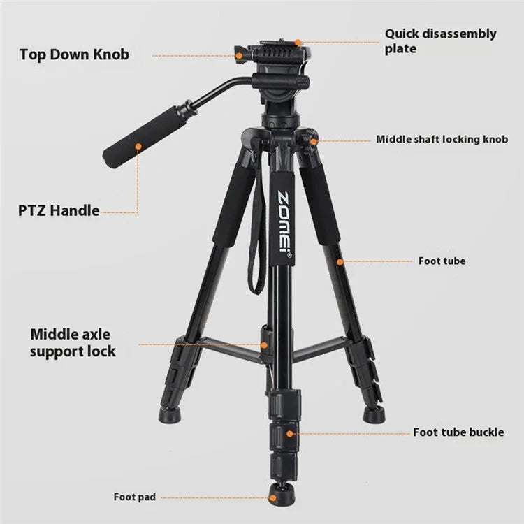 ZOMEI Q310 Photo Tripod Fluid Head Bracket 4-Section Large Size High Load-Bearing Mobile Phone Camera Universal, Black