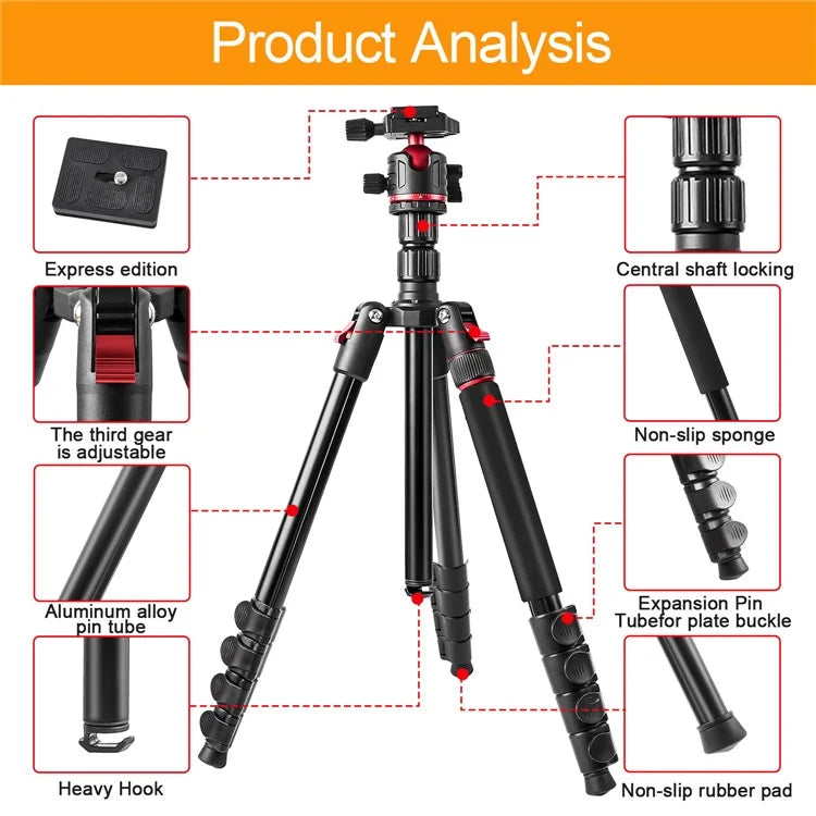 ZOMEI G200 Camera Tripod 2m 5-Section Multi-Function Folding Stand Universal Mobile Phone Live Broadcast Bracket