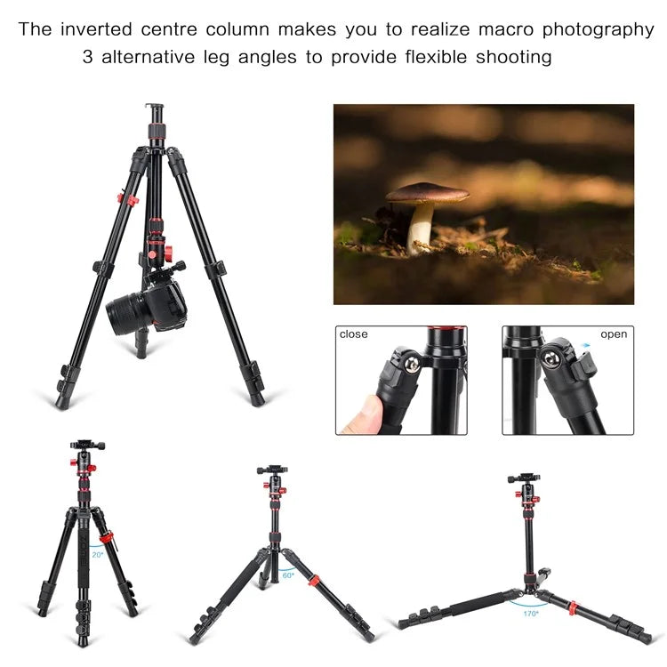 ZOMEI M5 Photo Camera Lightweight Travel Aluminum Tripod Monopod Compact Portable Photo 4-Section Tripod Stand, Black