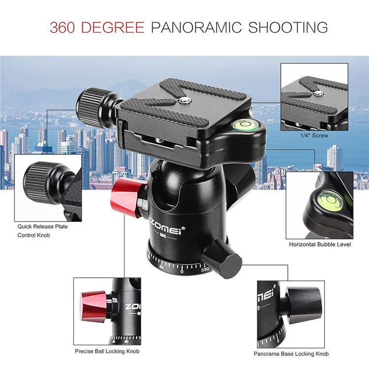 ZOMEI M6 Camera Tripod Mobile Phone Live Broadcast Bracket Aluminum Alloy 4-Section Tripod Stand