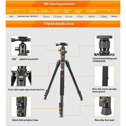 ZOMEI M6 Camera Tripod Mobile Phone Live Broadcast Bracket Aluminum Alloy 4-Section Tripod Stand