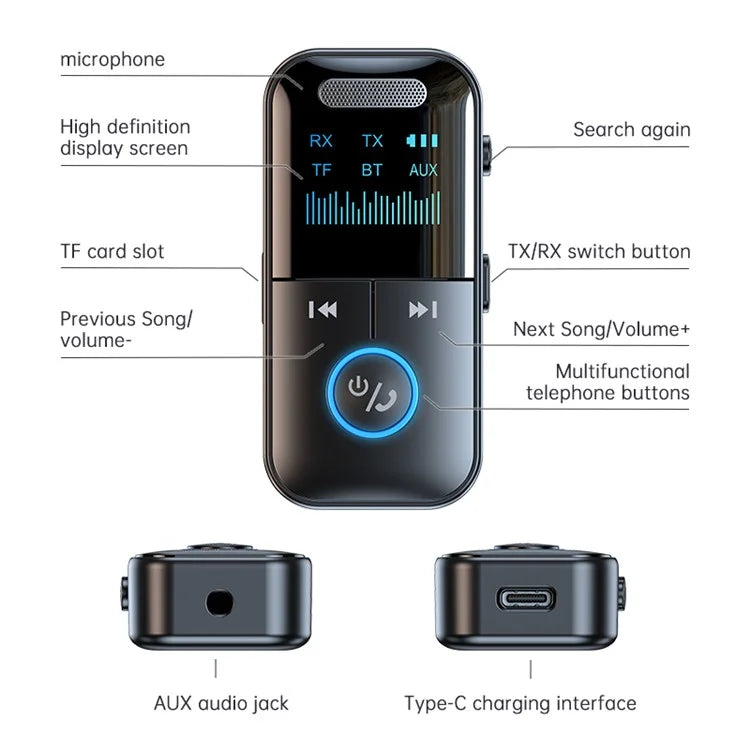 GT69 Bluetooth 5.4 Transmitter Receiver 2-In-1 Audio Adapter AUX Connector