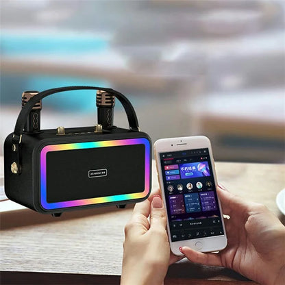 M3201 Home Karaoke Retro Bluetooth Speaker RGB Light Loudspeaker with 2 Microphones
