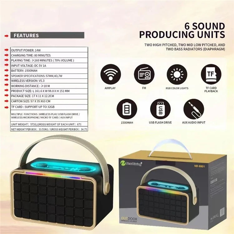 NR8801 Outdoor Wireless Speaker Portable TWS Bluetooth Subwoofer Support TF Card