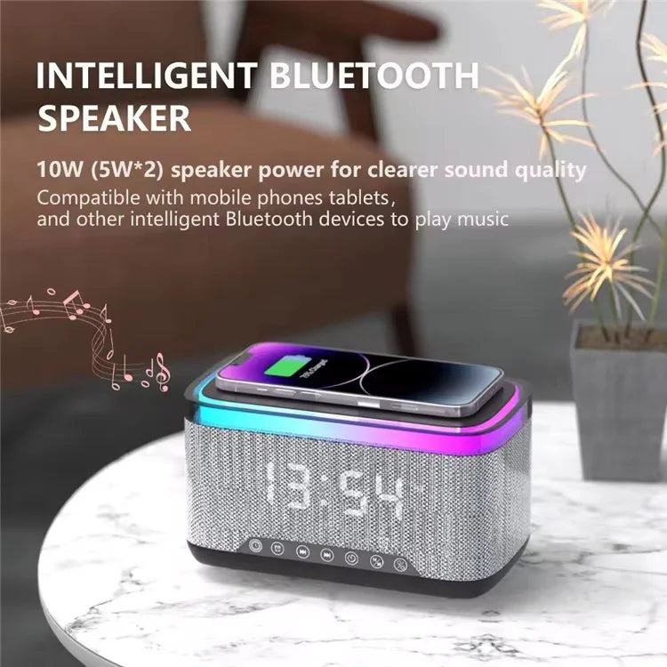 S300 Bluetooth Speaker Digital Alarm Clock 10W Wireless Charger Music Subwoofer with Colorful Light